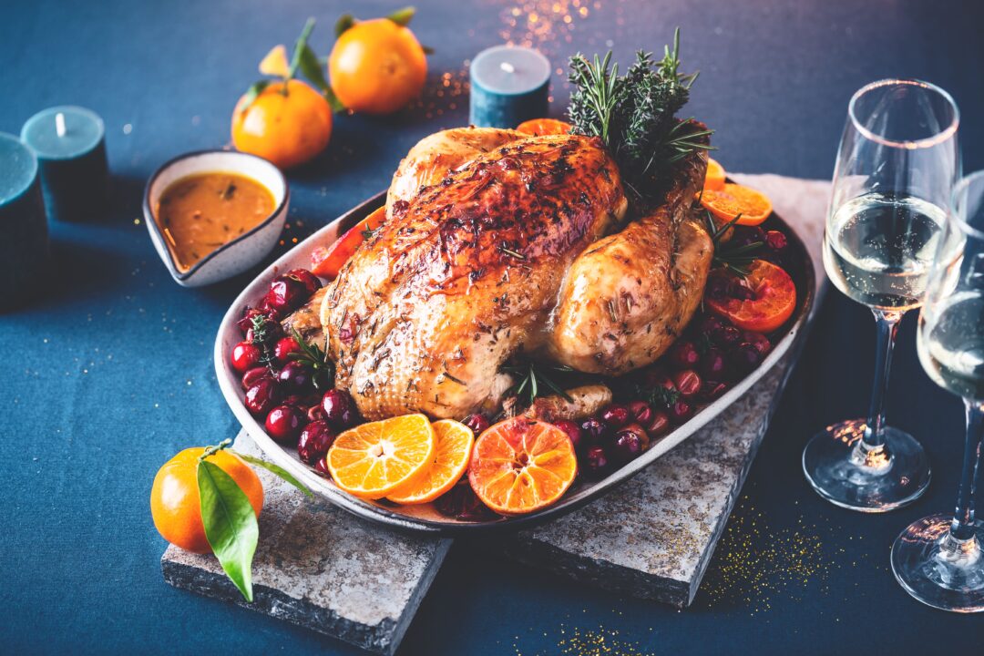 Roast turkey – golden, herb-buttered Thanksgiving or Christmas turkey