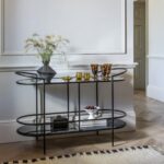 Harper Marble and Mirror Console Table with black frame, styled with decor items – modern black console table, contemporary black console table.