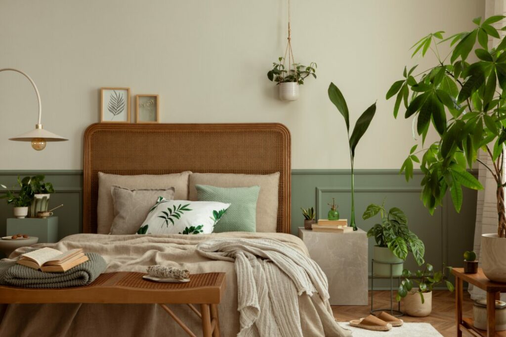 Green and beige bedroom, beige and green bedroom, green bedroom ideas, green beige bedroom in boho style