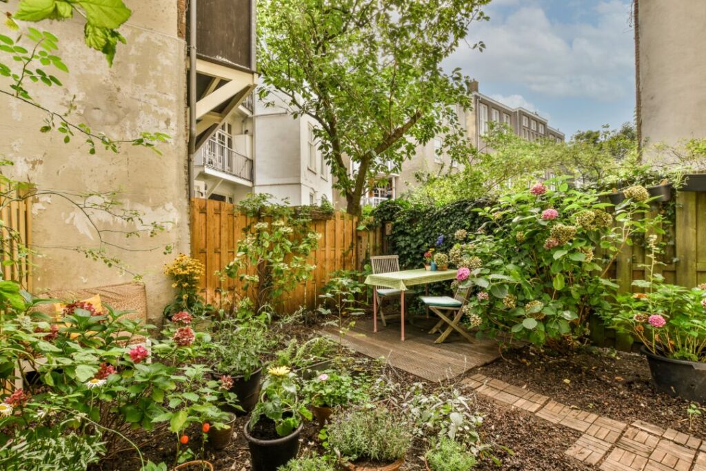 Lush courtyard garden with a wooden deck, colourful hydrangeas, and a cosy outdoor dining area. A charming and natural example of courtyard garden ideas for small urban spaces.