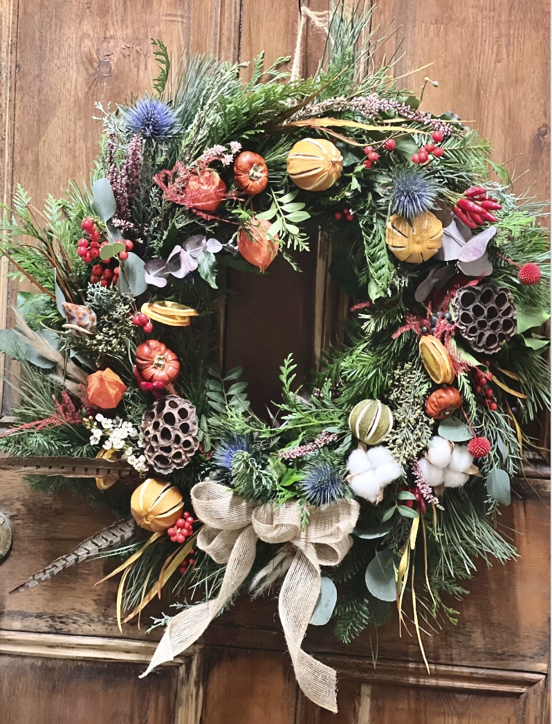 All-In Luxury Festive Wreath with cotton, lotus pods, mini pumpkins and red berries