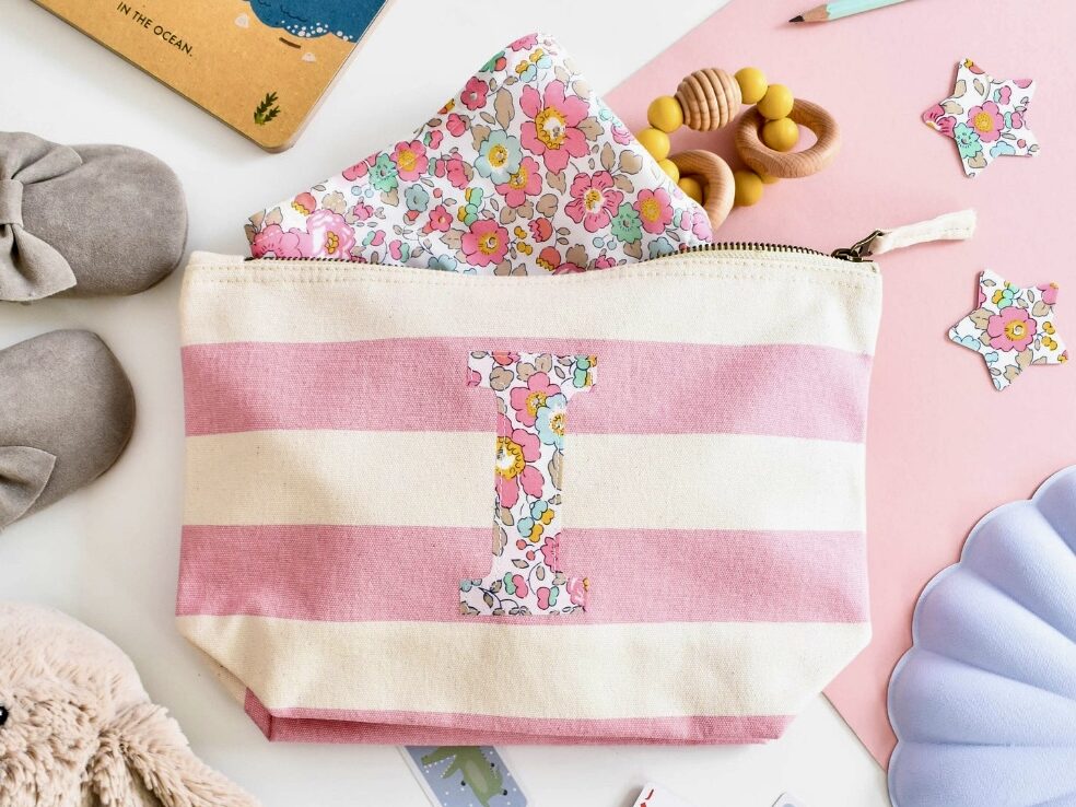 Personalised Liberty print initial accessory bag in pink stripe by My Little Shop UK