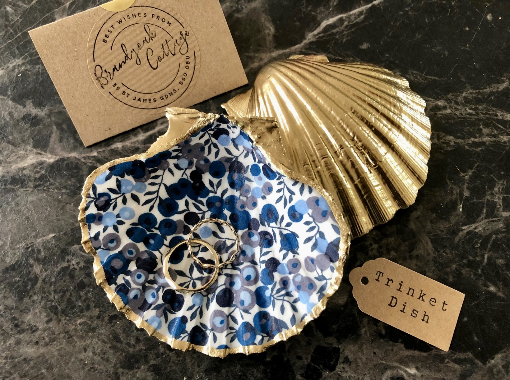 Liberty shell trinket dish in Berry Blue print with gold shell detail by Brandyoak Cottage