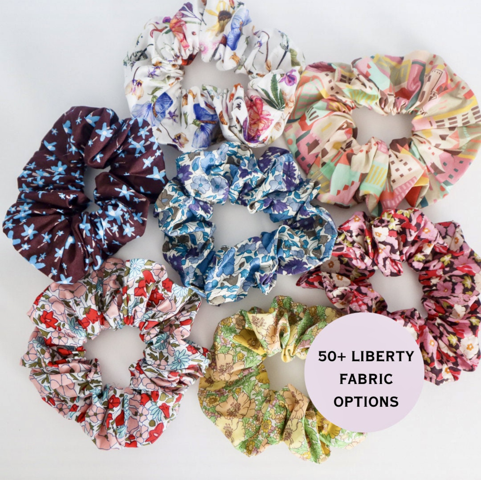 Liberty fabric hair scrunchies in assorted prints by Marlowe Bear