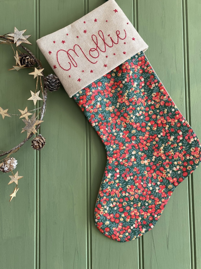 Liberty print personalised Christmas stocking in Wiltshire design by Little Red Foxy