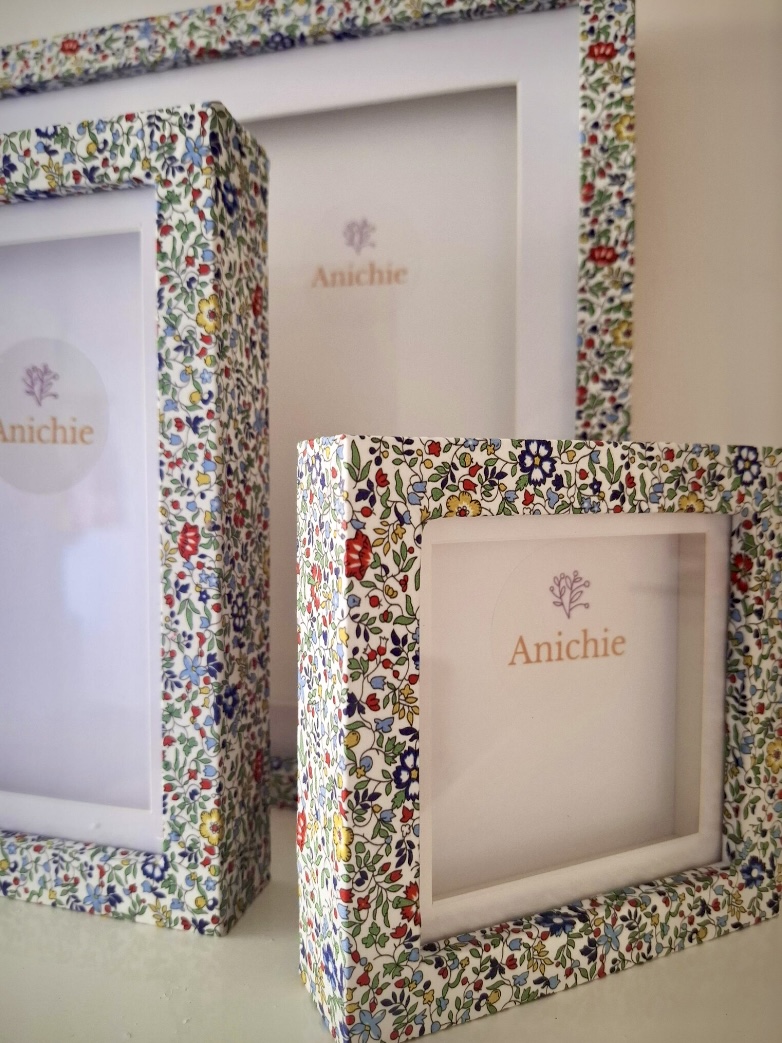 Square photo frames covered in Liberty print fabric with glass front by Anichie