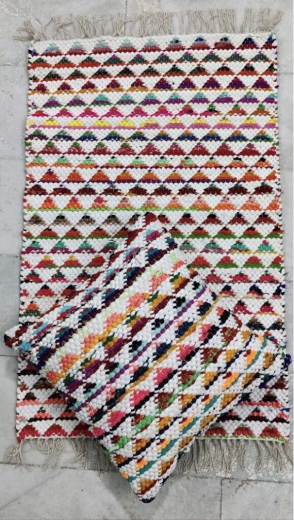 Colourful Chindi rag rug with matching diamond cushion