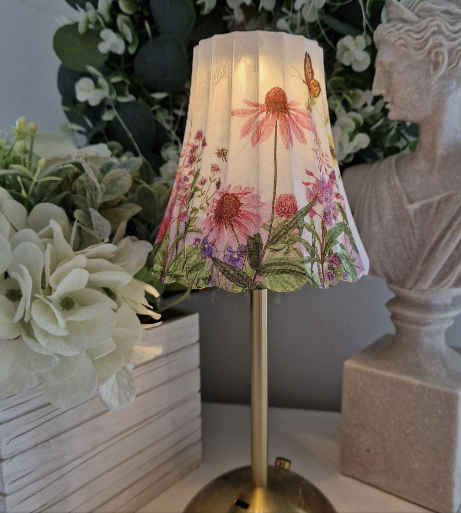 Hand-decoupaged pink meadow floral USB table lamp with butterfly, British maker — bright coloured sofas