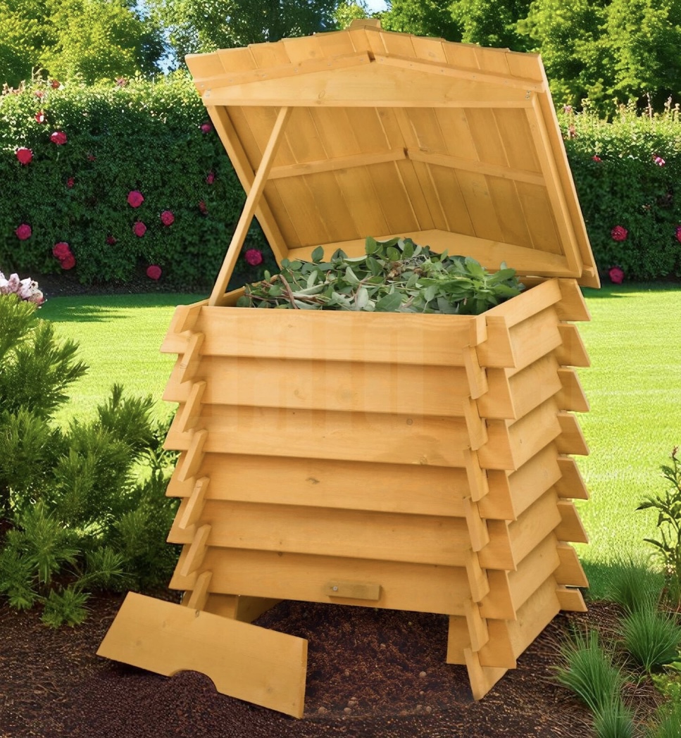 Wooden beehive compost bin in a garden setting