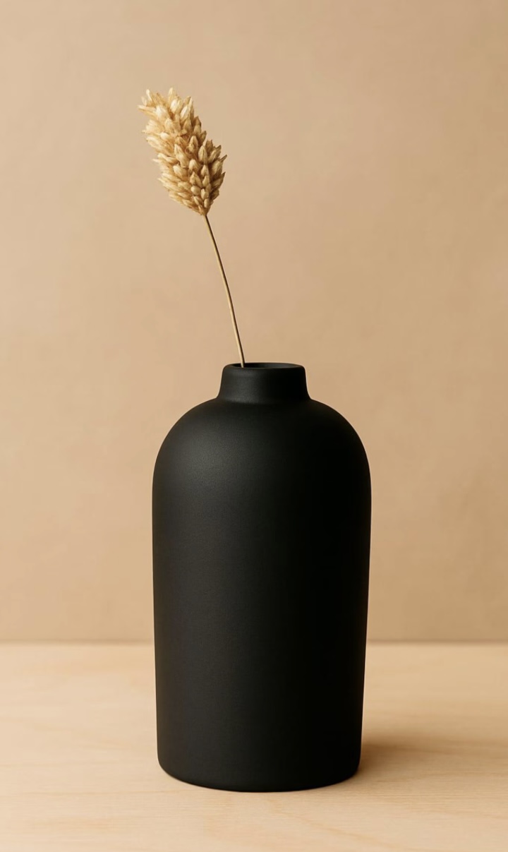 beige and black bedroom – matte black minimalist vase