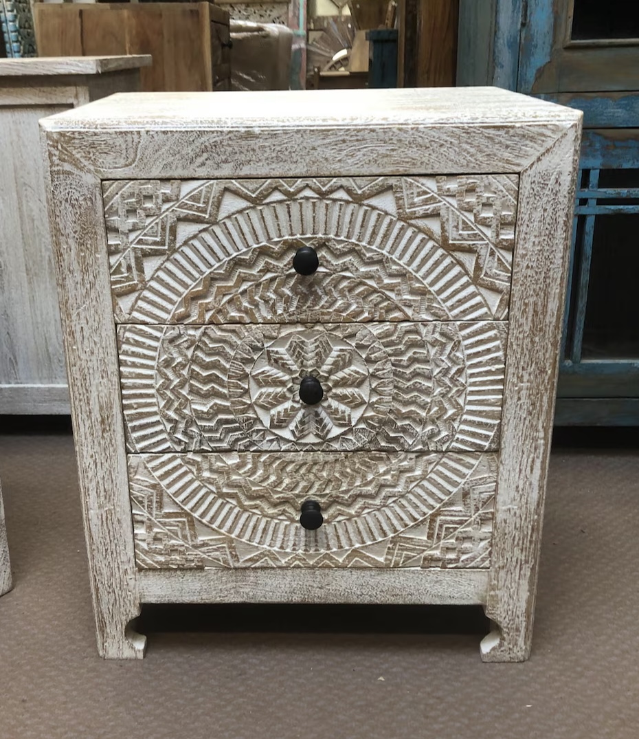 beige and black bedroom – hand-carved 3-drawer bedside cabinet