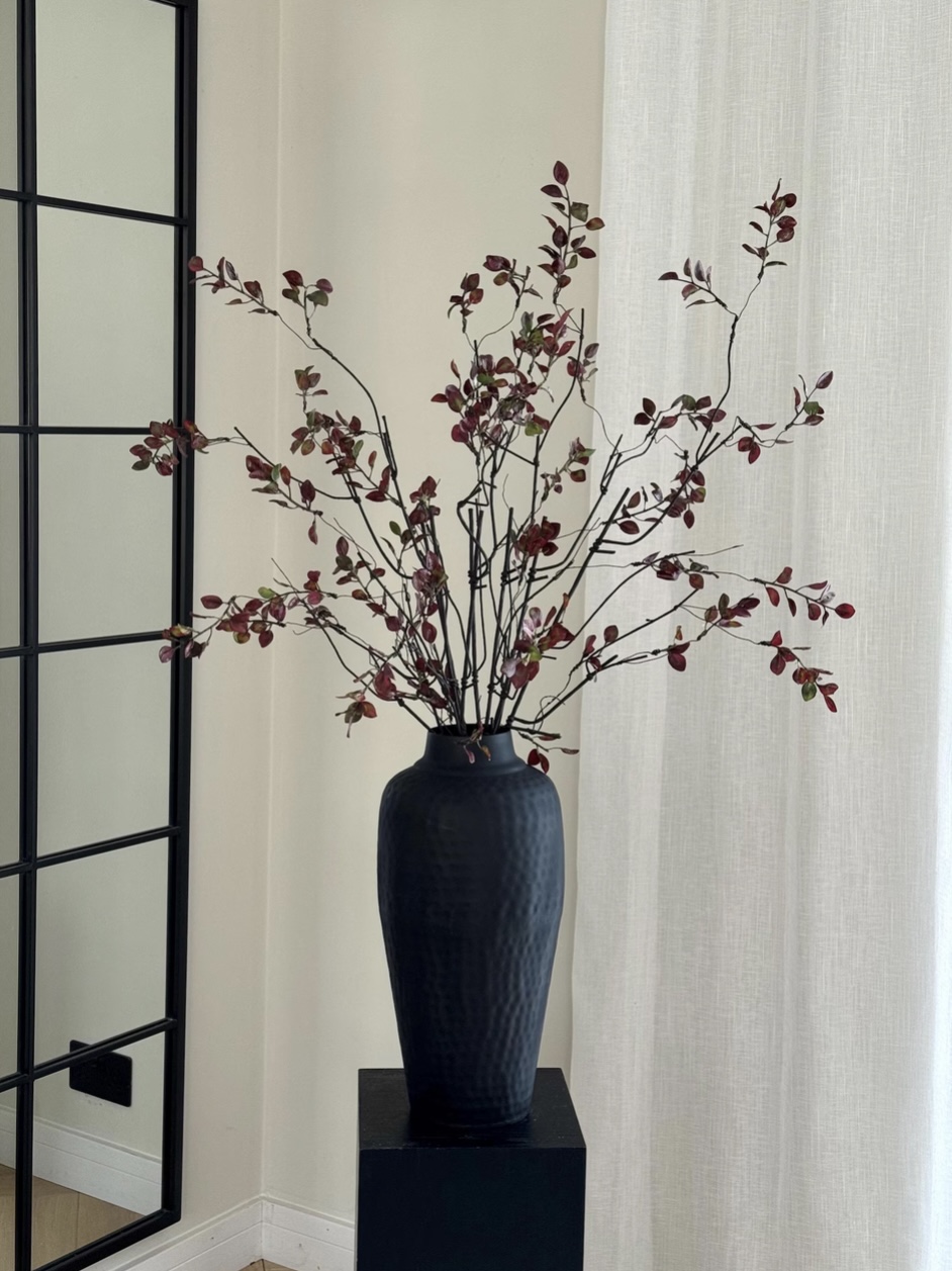 beige and black bedroom – faux burgundy branches