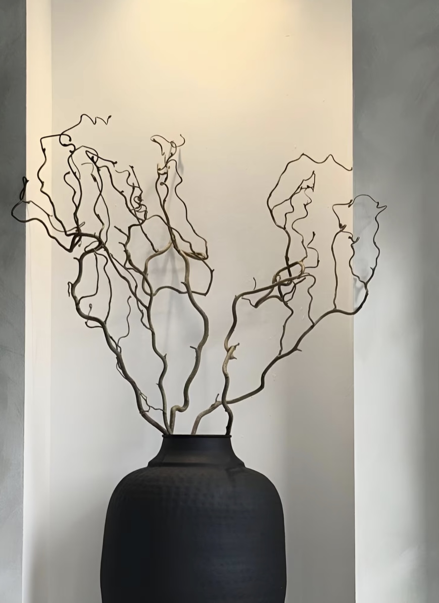 beige and black bedroom – contorted twisted hazel branches