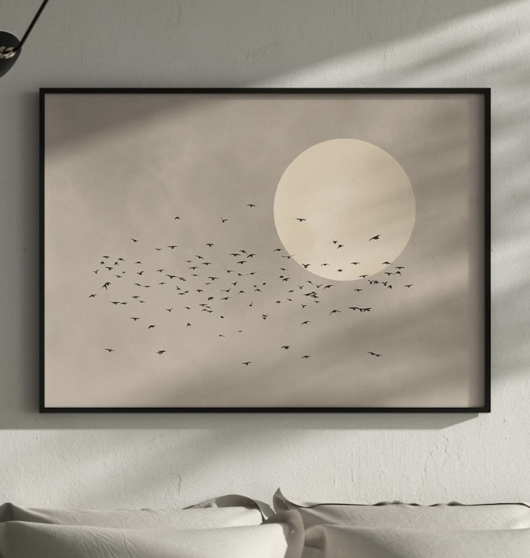 beige and black bedroom – Neutral Flying Birds with Beige Sun wall art print
