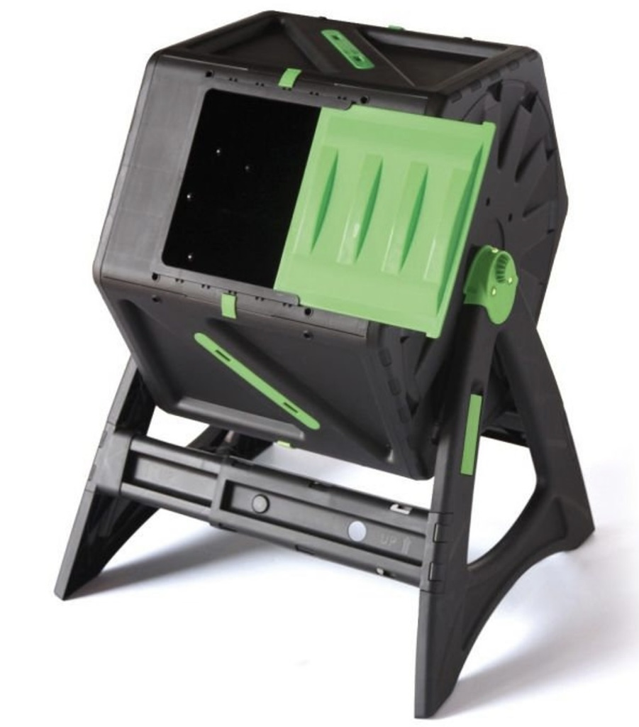 Gardening Naturally 105L tumbling composter on stand with green access door