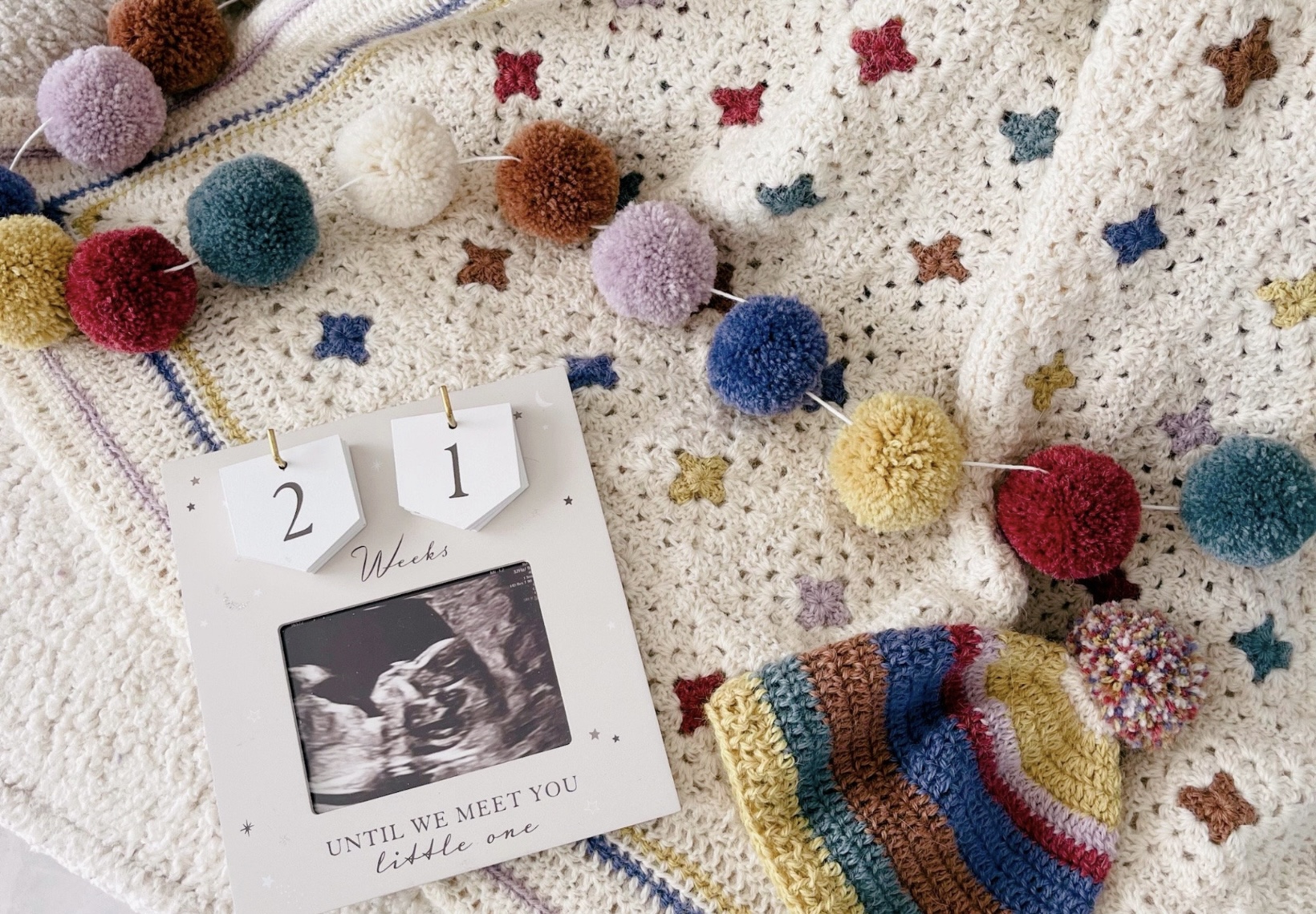 vintage crochet baby blanket kit with pom poms