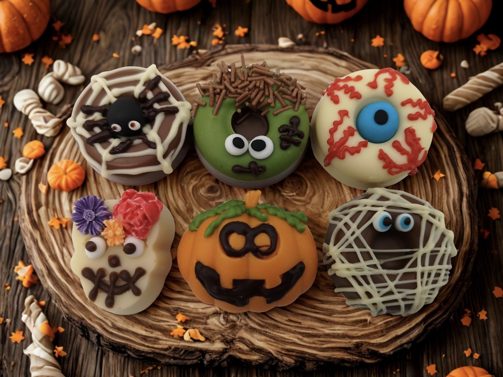 Handmade Belgian Halloween donuts decorated as spider, mummy, eyeball and pumpkin