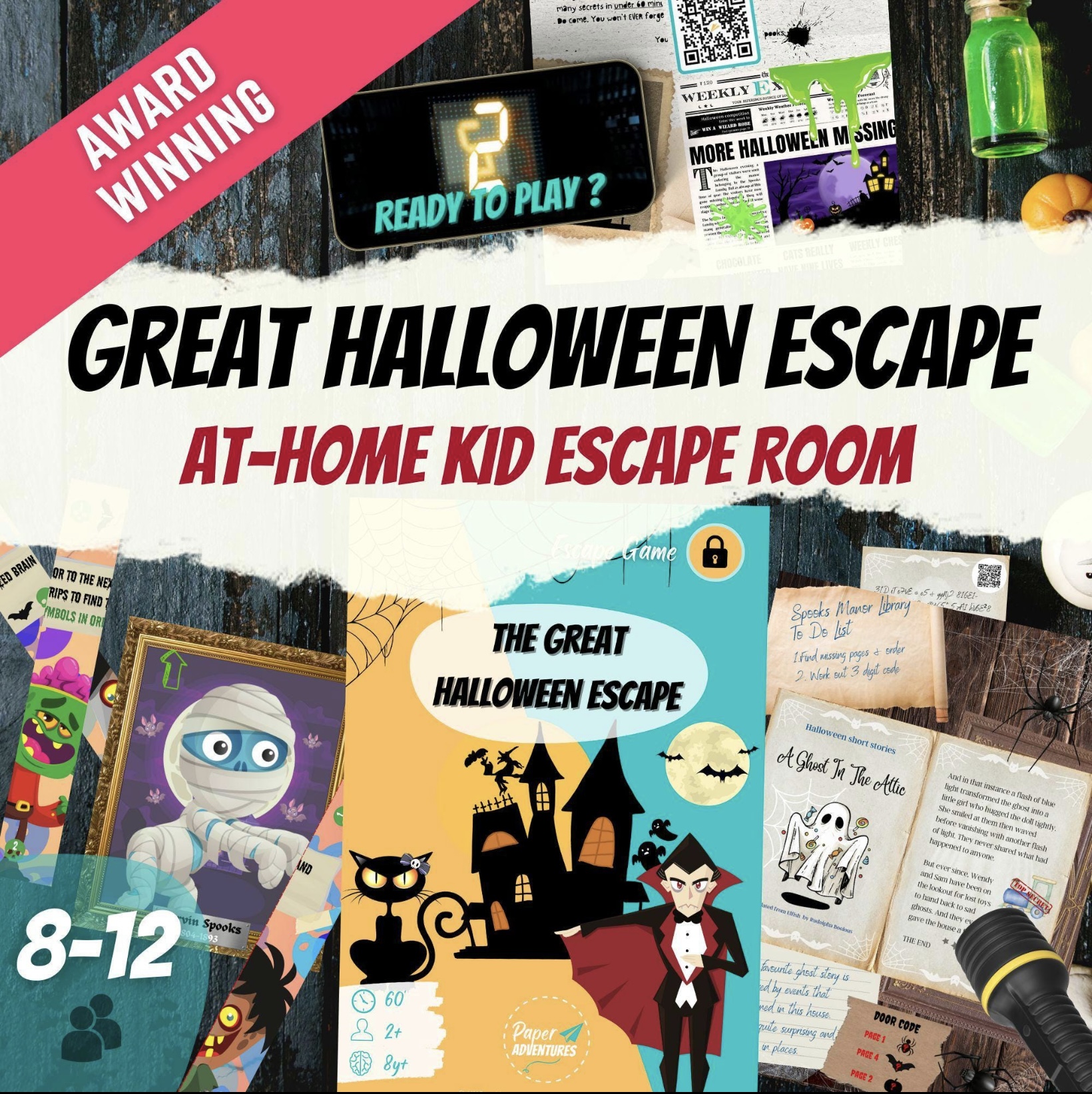 Printable Great Halloween Escape Room kit for kids, spooky puzzle sheets and props