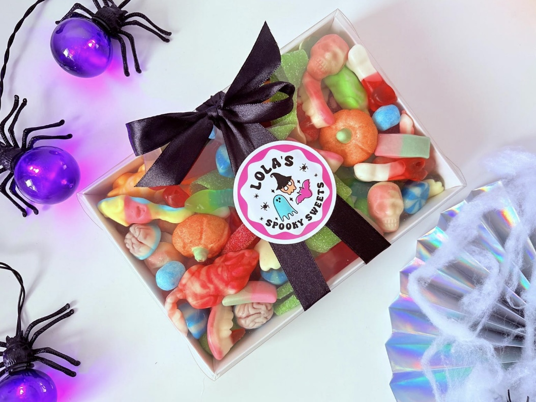 Personalised Halloween sweet box tied with ribbon and custom name sticker