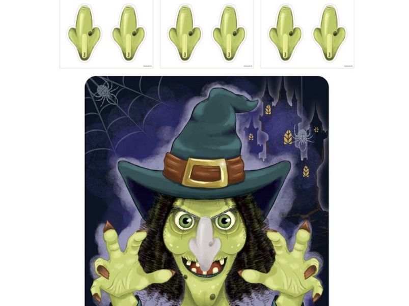 Pin the Nose on the Witch party game with poster and green nose stickers