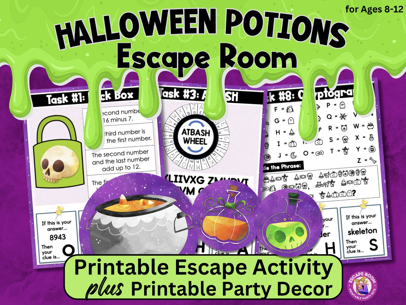 Printable Halloween potions escape room worksheets with cauldron graphics