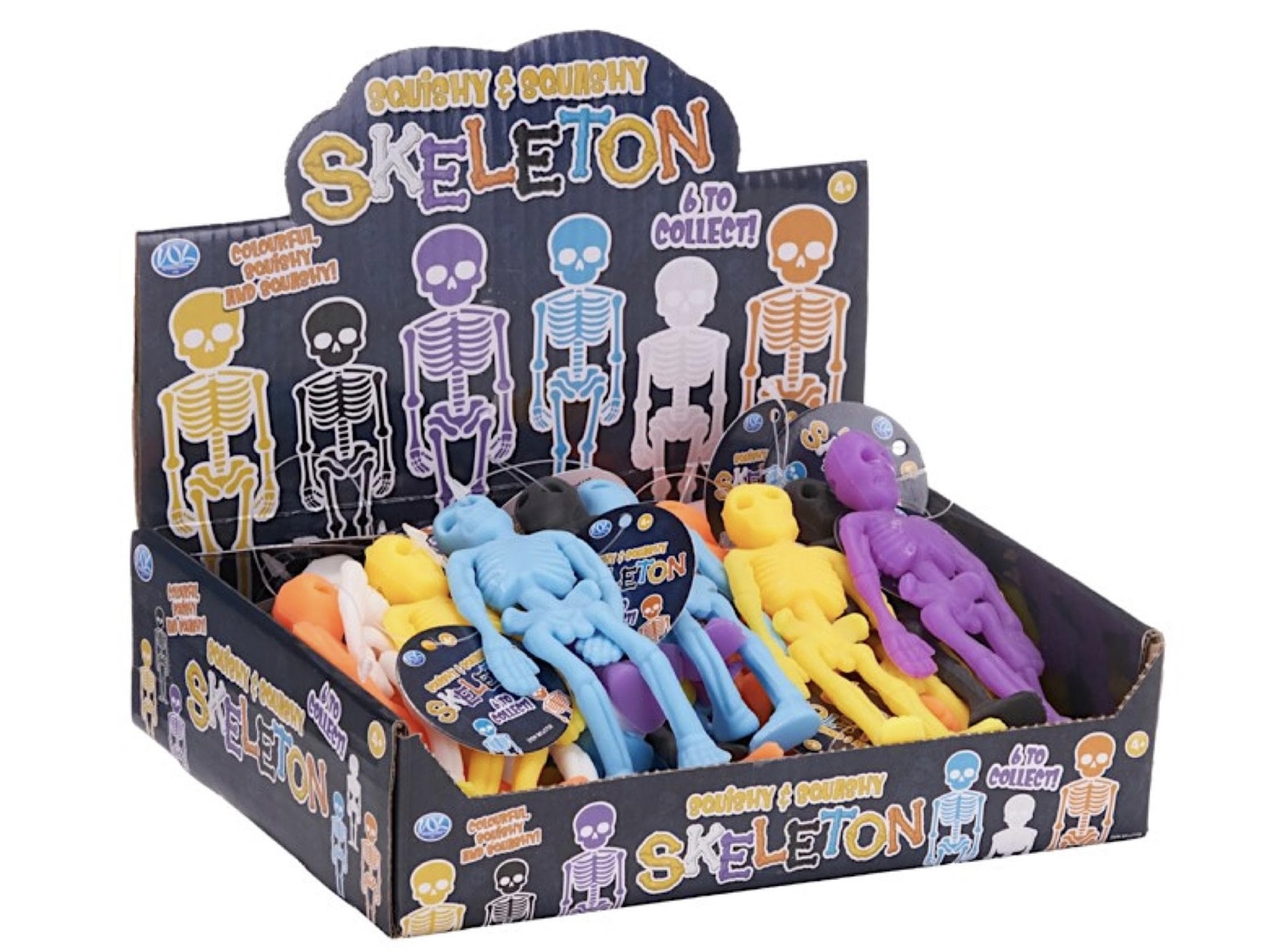 Colourful skeleton squishy toys displayed in a party favour box