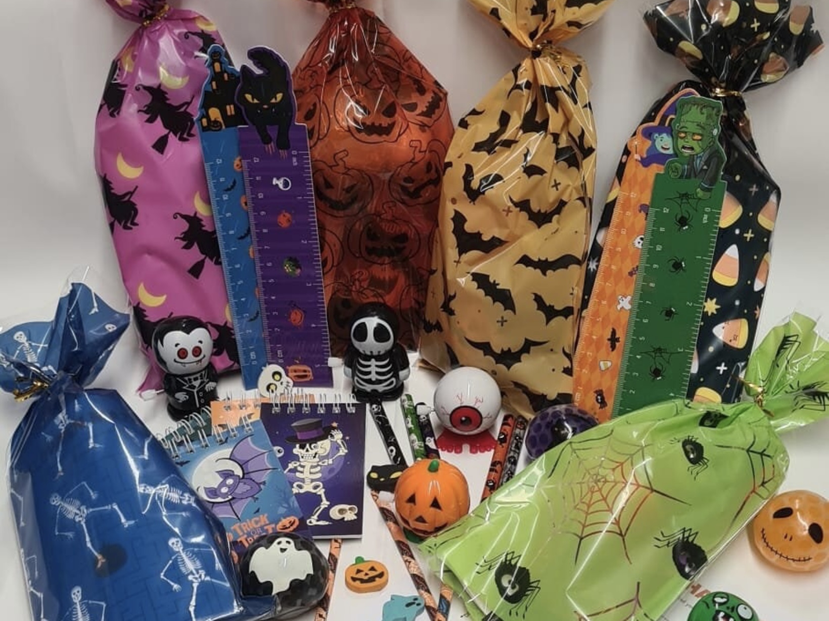 Pre-filled Halloween treat bags with toys, stickers and mini games