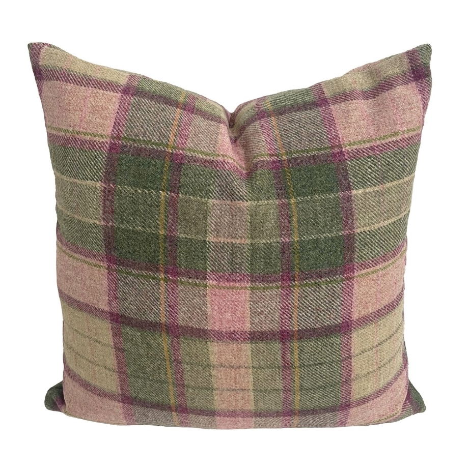 Wool plaid pink and green cushions in peony and moss check – MayEvelynInteriors