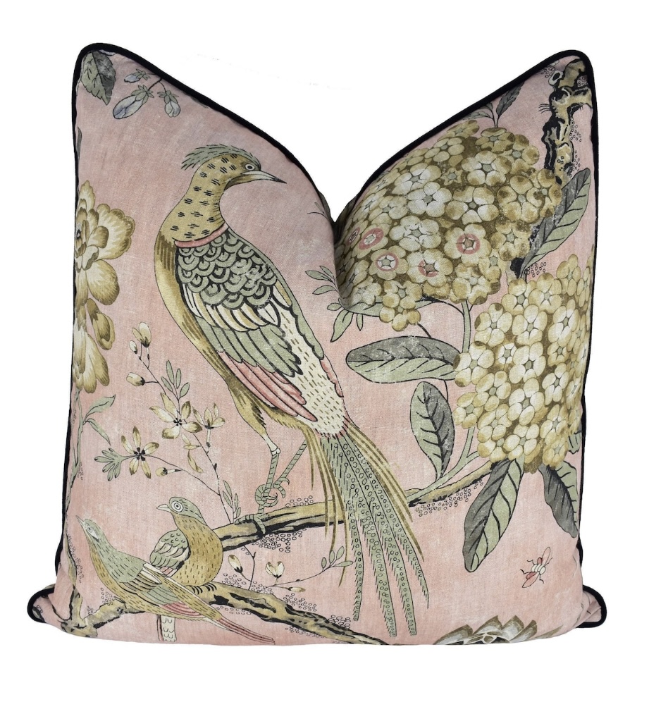 Pink and green cushions with bird and floral design – Anna French Villeneuve by MayEvelynInteriors