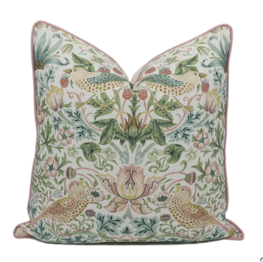 William Morris Strawberry Thief pink and green cushions with bird and floral pattern