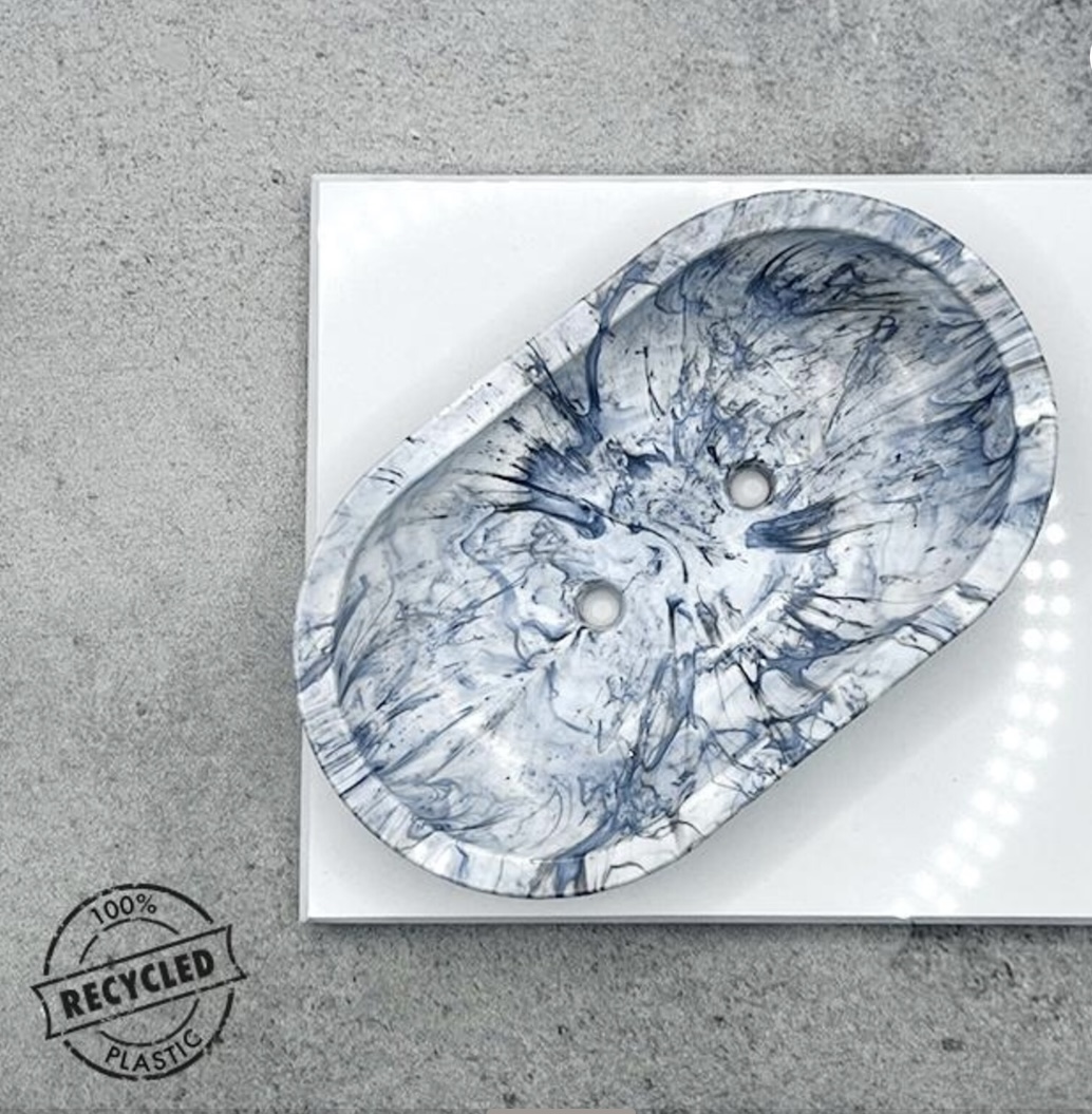 Recycled plastic soap dish by MyRefactory in marbled blue-grey with smooth curved edges