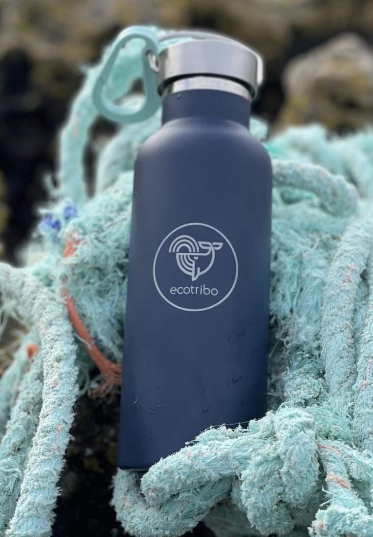 Ecotribo refillable bottle with recycled ocean plastic carabiner