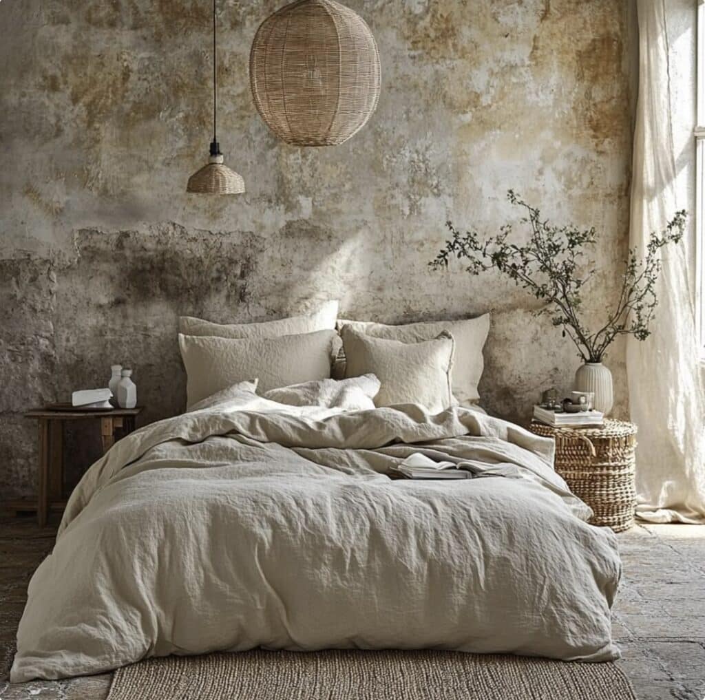 Boho bedroom ideas with layered bedding, rattan lighting and warm neutral textiles.