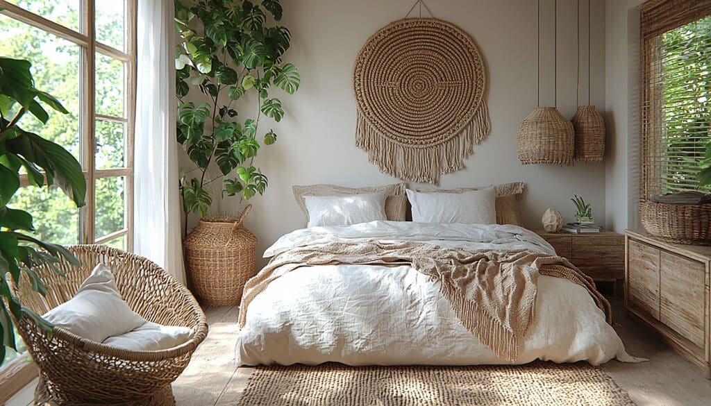 AI-inspired boho bedroom with woven wall décor, rattan furniture, neutral bedding and leafy plants in natural baskets