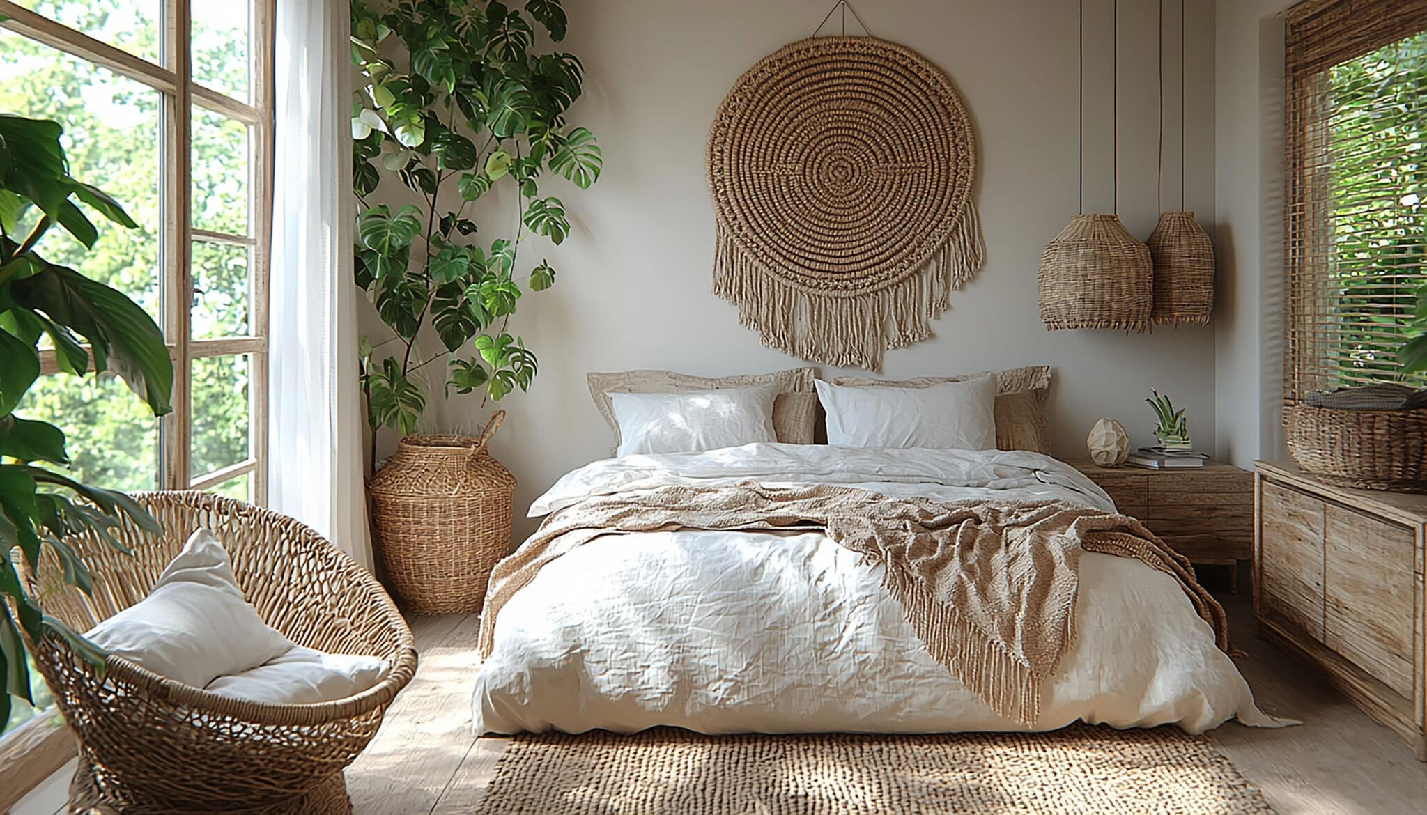 Boho bedroom ideas with layered textures