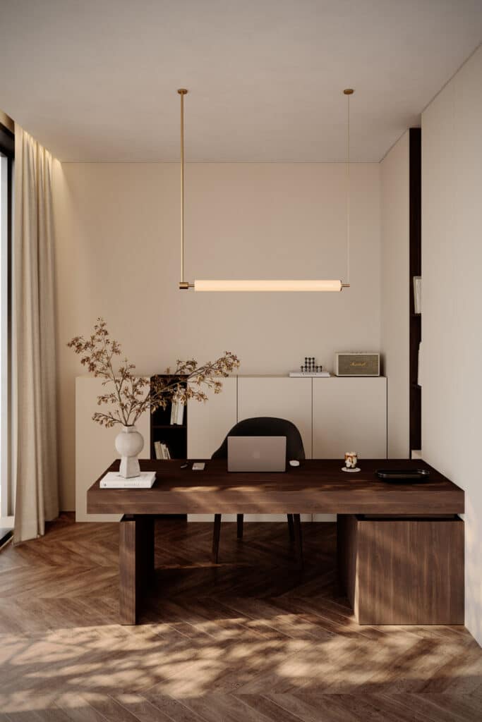 Feng shui home office with the desk in command position and a wall behind the chair