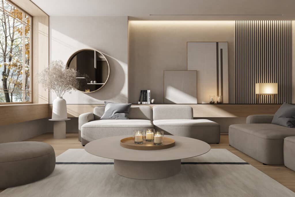 Feng shui living room with the sofa against a solid wall, round coffee table and mirror