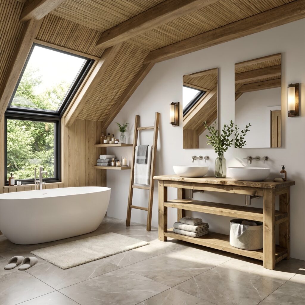 Solid wood live edge bathroom vanity unit with open shelving by TribeJoinery