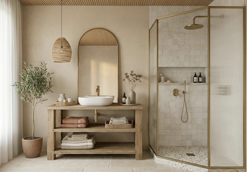 Solid wood bathroom vanity unit with shelf and vessel basin by TribeJoinery