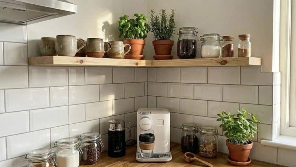 Corner floating shelf in solid wood wrapping around a tiled kitchen corner, holding handmade mugs, potted herbs and storage jars above a coffee machine