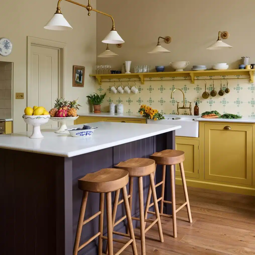 Two tone kitchen with mustard yellow perimeter cabinets, deep aubergine island, patterned green splashback tiles and natural beech bar stools.