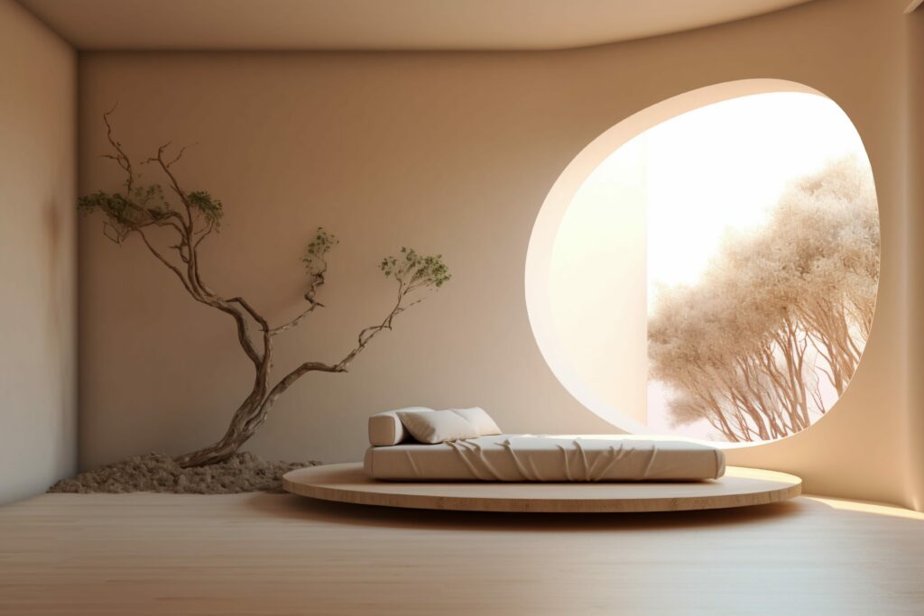 feng shui home interior with a round platform bed, sculptural tree and soft natural light