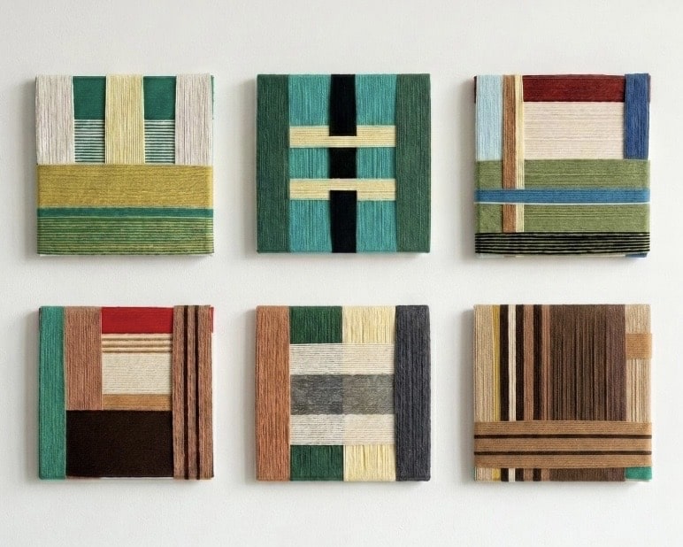 Grid of six handwoven yarn squares in green, rust and brown on a white wall