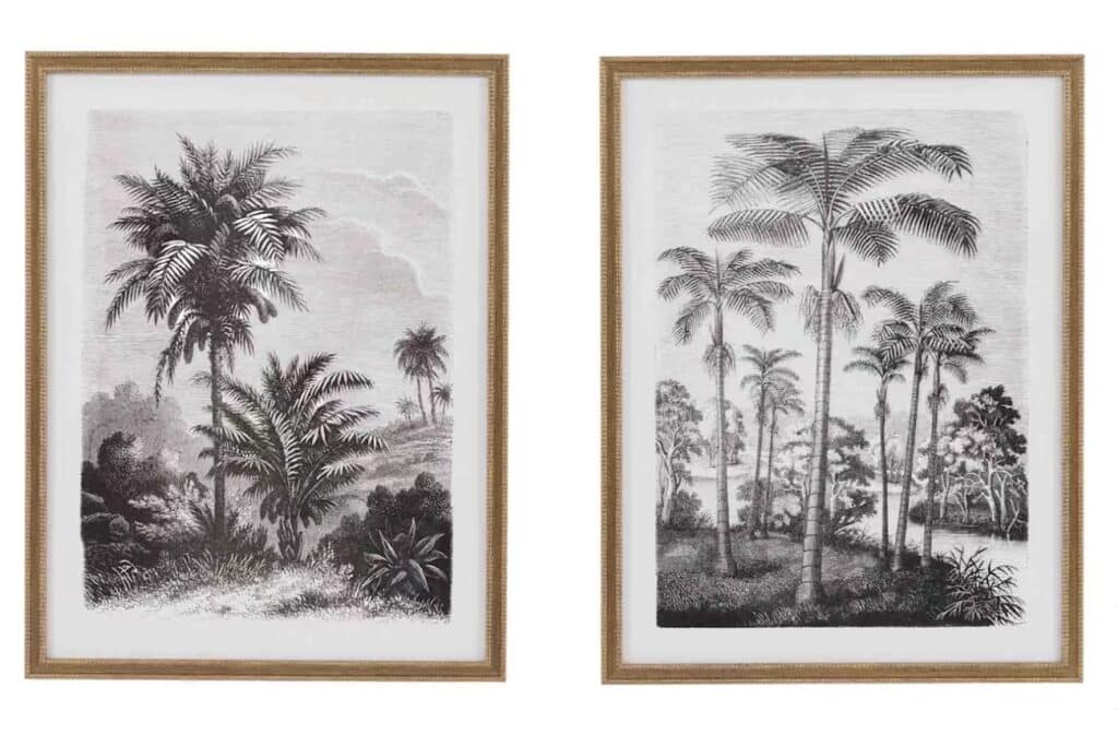 Wall art above bed idea, a pair of black and white palm tree engravings in gold frames
