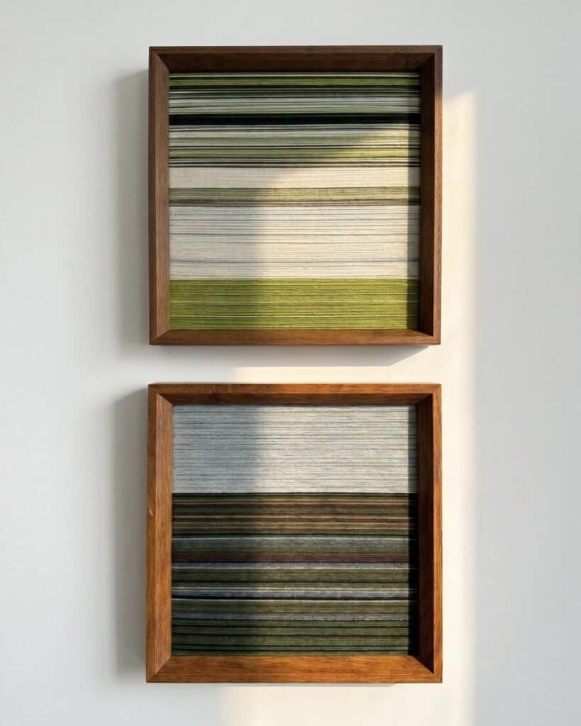 Handwoven green and oatmeal yarn wall art in two walnut frames, stacked vertically