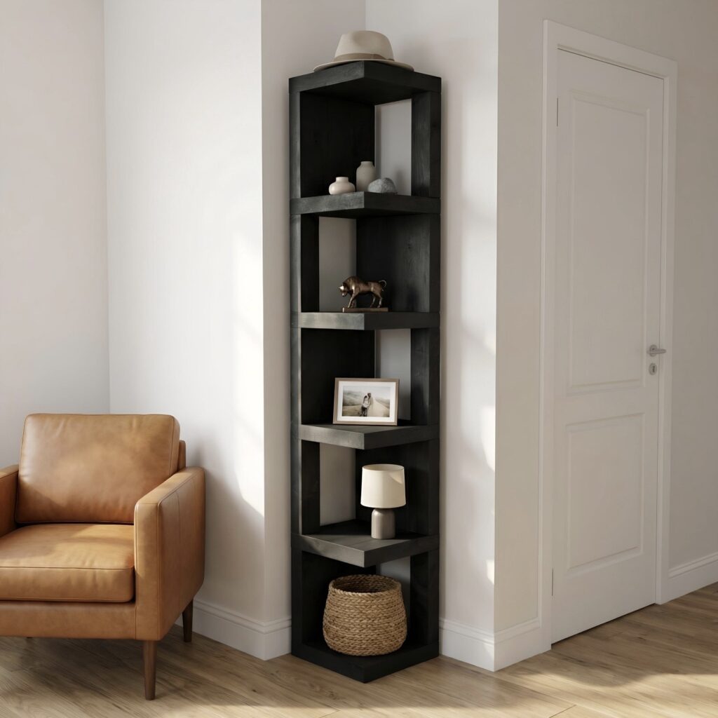 Valora solid wood corner bookshelf ebony black dining room