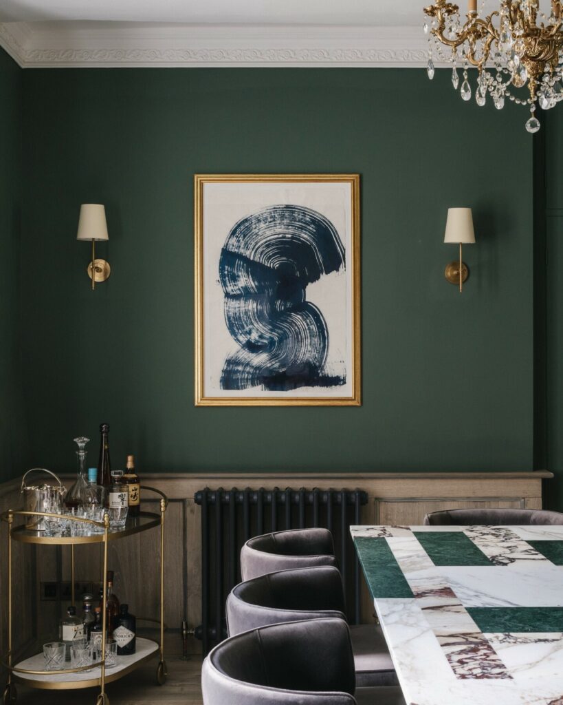dining room bar cart storage Green Smoke walls