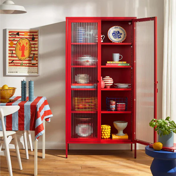 Dining Room Storage Ideas Dining room storage mustard red Mustard Made Collector Locker red glass front dining room cabinet