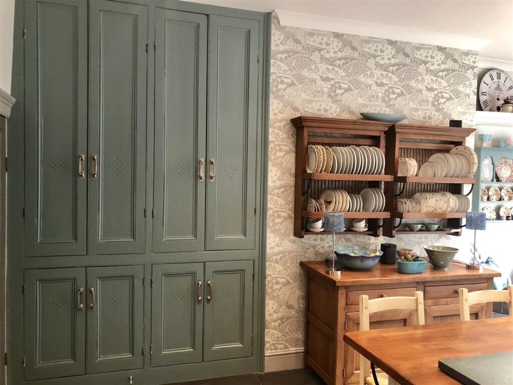 fitted dining room cabinet storage painted Oval Room Blue