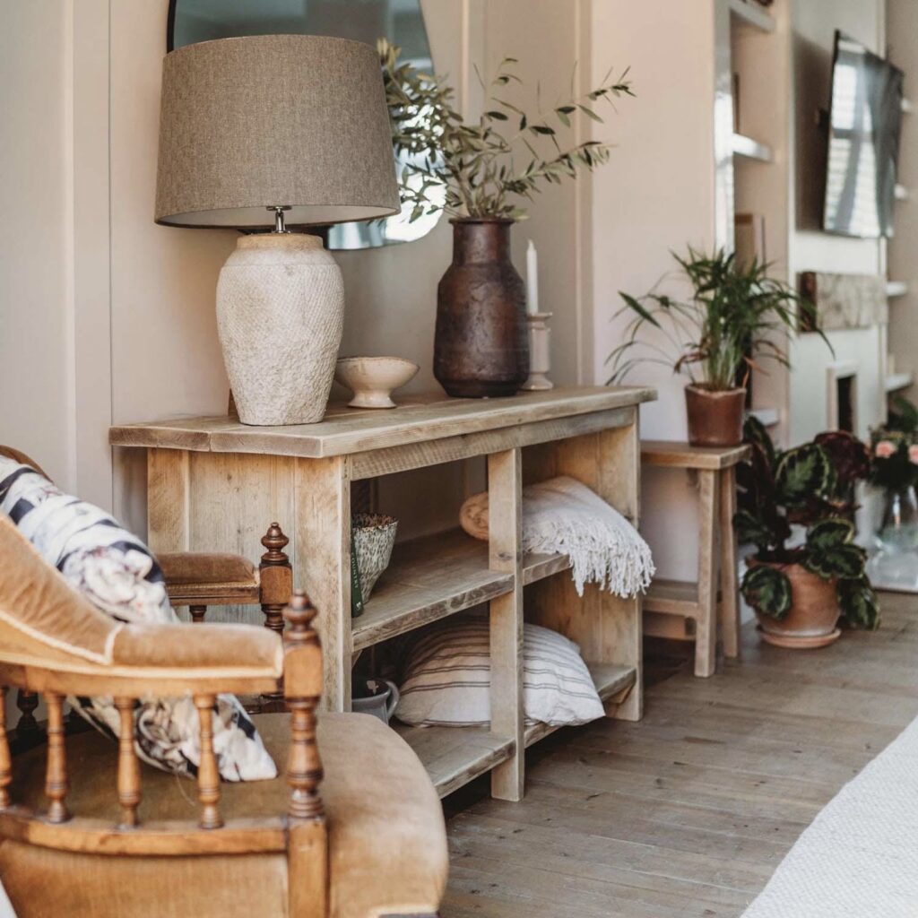 reclaimed wood console table open shelving dining room